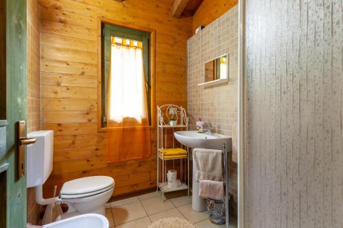 y baño con aseo y lavamanos. en Villaggio Anemone Chalet Scoiattolo en Capanne di Sillano