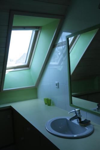 une salle de bain avec un lavabo et un grand miroir dans l'établissement Gîtes de Lez, à Laguépie