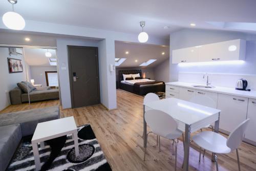 Sala de estar con cocina y dormitorio en Millenium Travel Apartments, en Bitola