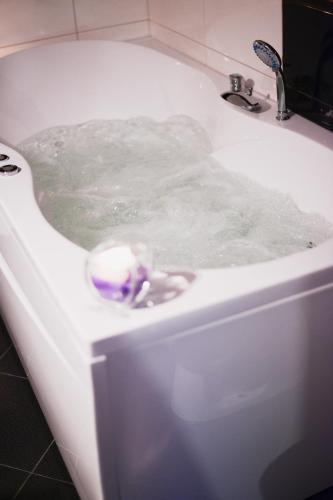 a bath tub filled with water with a ball in it at Millenium Travel Apartments in Bitola