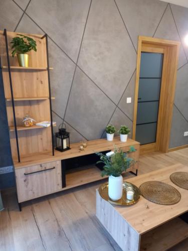 una habitación con mesas de madera y estanterías con macetas en APARTAMENT PRESTIGE OŚWIĘCIM en Oświęcim