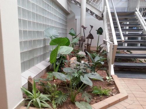 a garden in front of a building with a staircase at Peermont Metcourt Hotel in Francistown