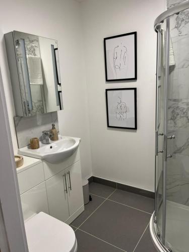 a white bathroom with a sink and a shower at Peak Willow Apartments in Leek
