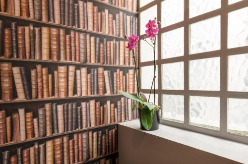 un vase avec une fleur sur une étagère dans une bibliothèque dans l'établissement Hôtel des Ecrivains, à Paris