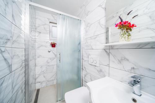 a white bathroom with a shower and a toilet and a sink at Leonardo House in Novigrad Istria