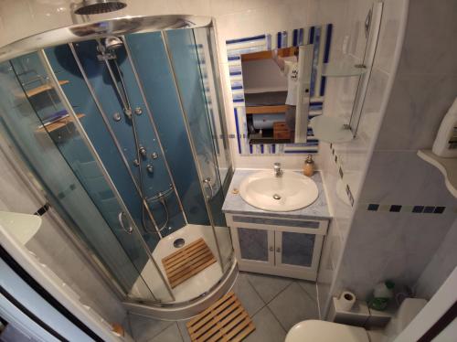 un piccolo bagno con doccia e lavandino di studio Batlou ménage inclus ad Arette