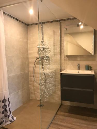 La salle de bains est pourvue d'une douche en verre et d'un lavabo. dans l'établissement L'Oréline au cœur de la région des Lacs du Jura, à Pont-de-Poitte