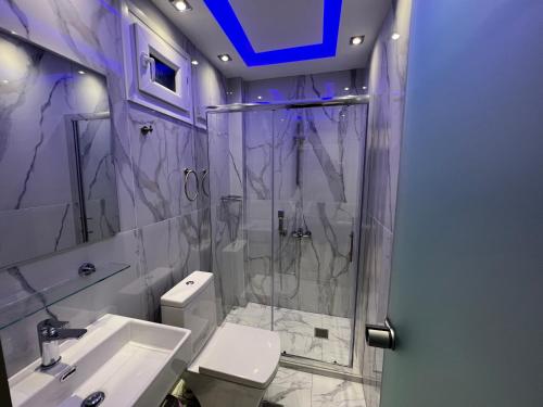 a bathroom with a shower and a toilet and a sink at Phaethon Apartments & Studios in Kallithea Halkidikis