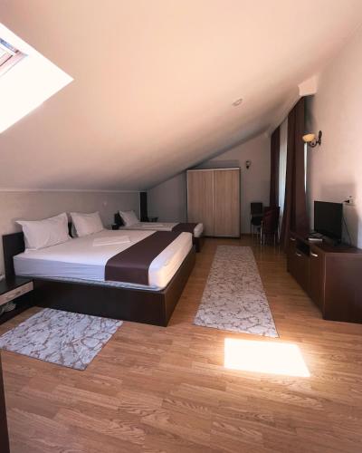 a bedroom with a bed and a television in it at Delta Est Hotel & Restaurant in Sulina