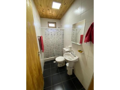 a small bathroom with a toilet and a sink at Cabañas EL SOLEADO in Zonda