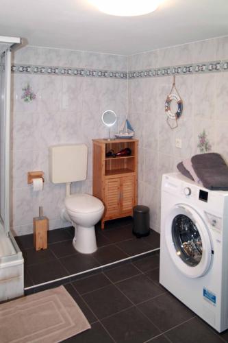 a bathroom with a toilet and a washing machine at FeWo -schiefe- Marie in Oberlungwitz