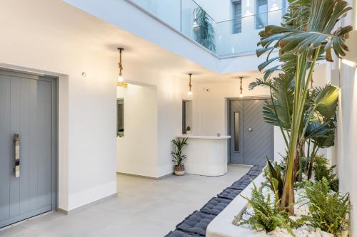 a hallway of a house with palm trees at Alenor City Hotel in Naxos Chora