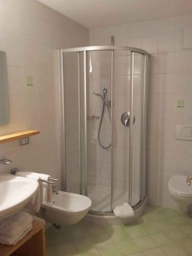 a bathroom with a shower and a toilet and a sink at Appartements Pohuibe in Anterselva di Mezzo