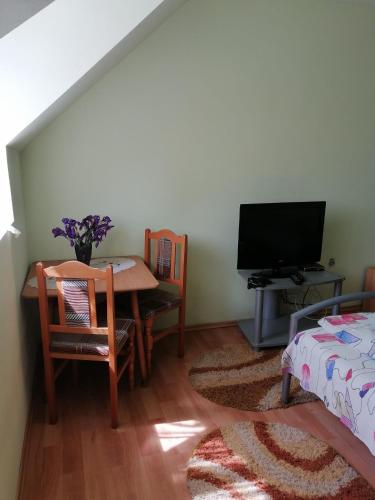 a living room with a table and a television at Fodor Vendégház in Racu