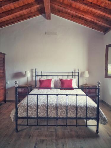 a bedroom with a metal bed with red pillows at Casa en La Ladera - Real vibe - Beach & Mountain in La Aldea de San Nicolas