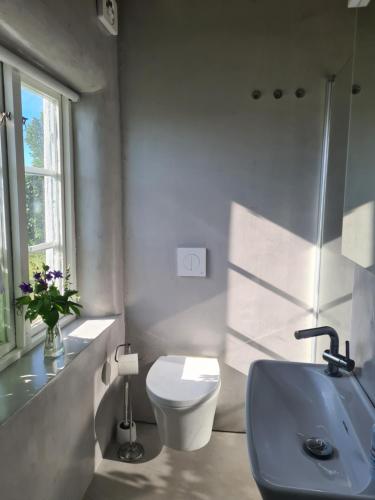 ein weißes Bad mit einem WC und einem Waschbecken in der Unterkunft Villa Vemmentorp - Körsbärsblomsvillan 6 min från havet in Skurup