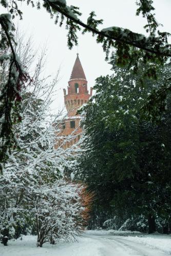 a building in the distance with snow covered trees at Hotel Torre di San Martino in Gazzola Di Rivalta