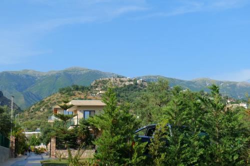 a house on a hill with mountains in the background at Alex & Sofi Hotel in Himare