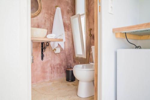 a bathroom with a toilet and a mirror at Panstel Bungalows in Kerames Rethymno in Kerames