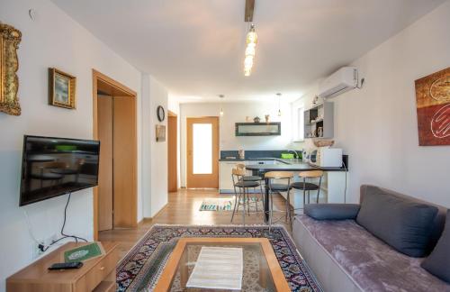 Apartman MirA في سراييفو: غرفة معيشة مع أريكة ومطبخ