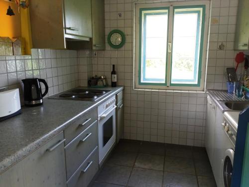 een keuken met een wastafel en een fornuis top oven bij Seehaus traumhaft Wörthersee in Tiebitsch