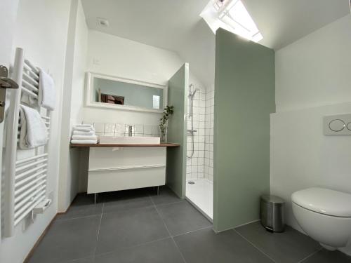 Baño blanco con aseo y lavamanos en Spacious country house in Normandie, en Moulins-le-Carbonnel