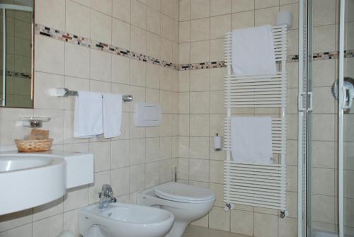 セルヴァ・ディ・ヴァル・ガルデーナにあるHotel Floraのバスルーム(トイレ、洗面台付)