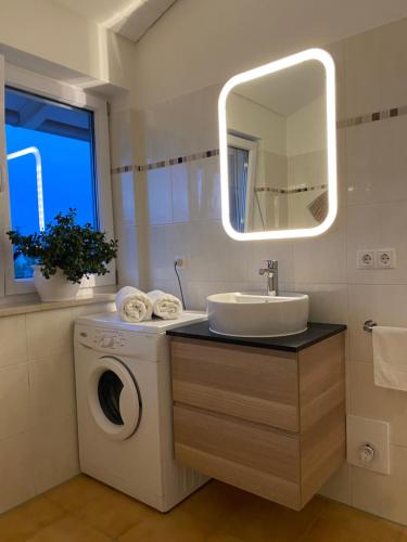 a bathroom with a washing machine and a sink at Petit Appartement in Hapberg