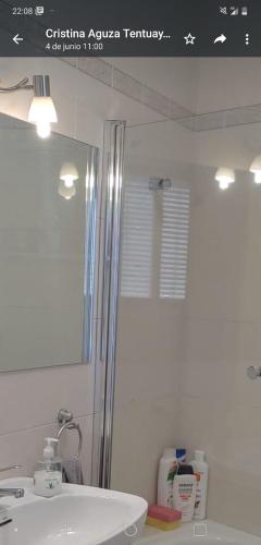 a bathroom with a shower and a white sink at Apartamento Bienvenida in Bienvenida