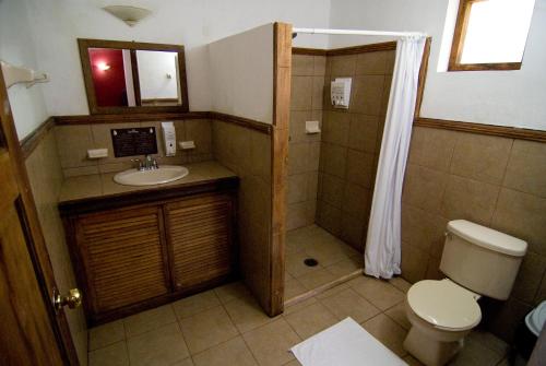 a bathroom with a toilet and a sink and a shower at Las Guacamayas Lodge, Selva Lacandona, Chiapas México in Tlatizapán