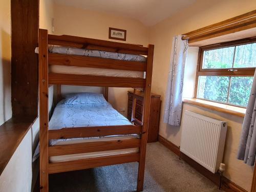 a bedroom with two bunk beds and a window at Puffin Cottage in Whitland