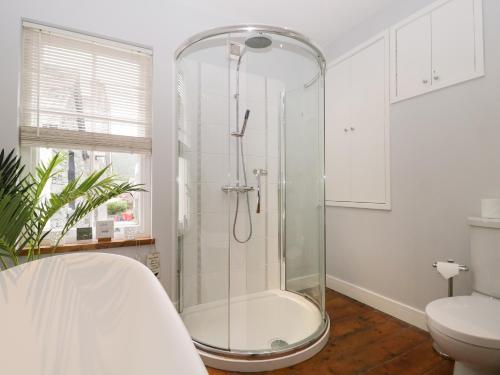 a bathroom with a shower with a toilet and a sink at Banks Place in Keswick