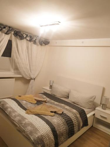 a bedroom with a bed with a curtain and a window at APARTAMENT BERMUDY in Świnoujście