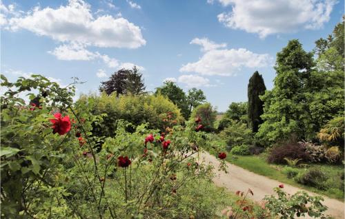 a dirt road through a garden with red flowers at Cozy Home In Montoison in Montoison