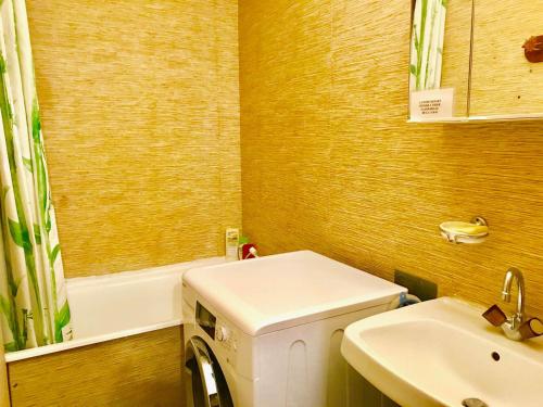 une salle de bain avec un lavabo et une machine à laver dans l'établissement Studio confortable au pied des pistes de Corrençon-en-Vercors avec balcon et proche du golf - FR-1-515-125, à Corrençon-en-Vercors