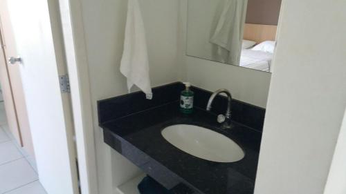 a bathroom with a sink and a mirror at Parque Aldeia das Águas Flat in Barra do Piraí