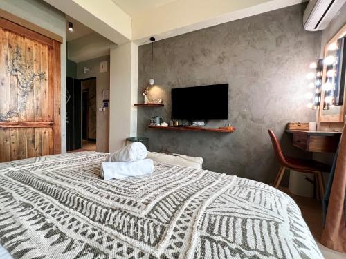 ein Schlafzimmer mit einem großen Bett und einem Fernseher an der Wand in der Unterkunft 東眠 Taitung sleep well in Taitung