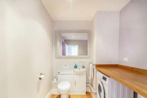 a bathroom with a toilet and a sink and a mirror at 2 Stanley Villas in Hereford