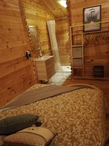 - une chambre avec un lit et un lavabo dans l'établissement Chalet Boréal, à Pujaudran