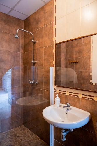a bathroom with a sink and a shower at Hostel Triana Backpackers in Seville