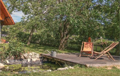 a chair and a chair sitting on a wooden deck next to a pond at Schönes Ferienhaus Reinersdorf in Woppendorf