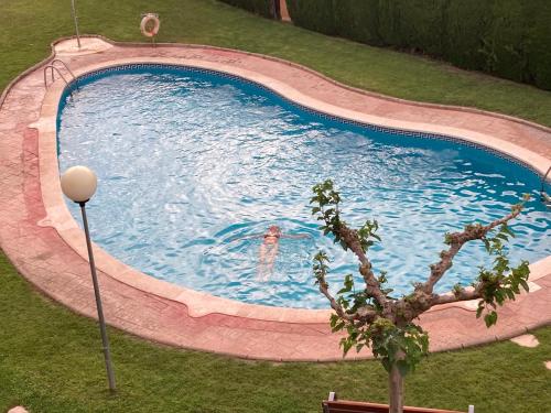 a person in a swimming pool in a yard at Oliveres in Hospitalet de l'Infant