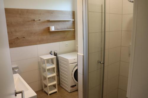 a bathroom with a shower and a washing machine at Die Haffhäuser Ferienwohnung III in Garz