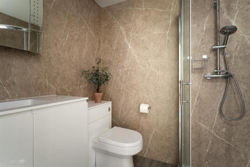 een badkamer met een wit toilet en een douche bij Gulls Rest - Charming Cottage in the heart of historic Dartmouth in Dartmouth