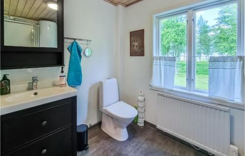 a bathroom with a toilet and a sink and a window at 2 Bedroom Beautiful Home In Källby in Mellby