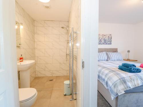 een badkamer met een bed, een toilet en een wastafel bij The Apple Shed in Wisbech