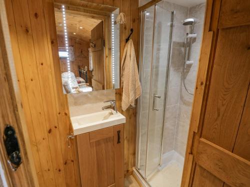 a bathroom with a shower and a sink at Shepherds Retreat in Kidderminster