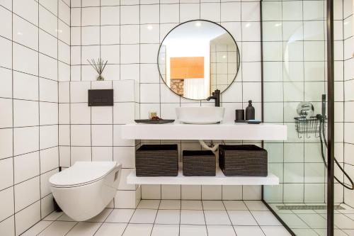 a bathroom with a toilet and a mirror at Ahirona in Theologos