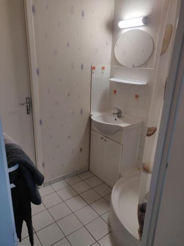 Maison au Coeur des Sables d'Olonne في لي سابلِ دولونْ: حمام صغير مع مرحاض ومغسلة