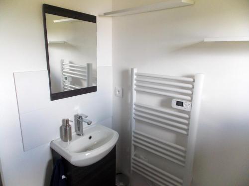 une salle de bain blanche avec un lavabo et un miroir dans l'établissement Camping du Petit Gué du Roi, à Cléry-Saint-André